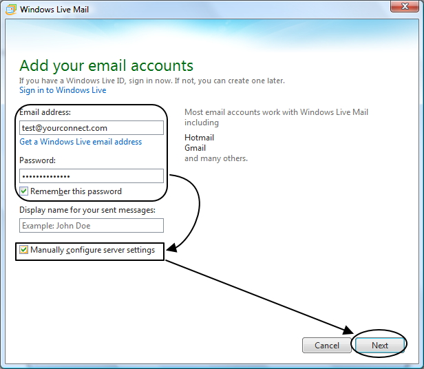 ทำการตั้งค่า Mail Accounts ใหม่ใน Windows Live Mail